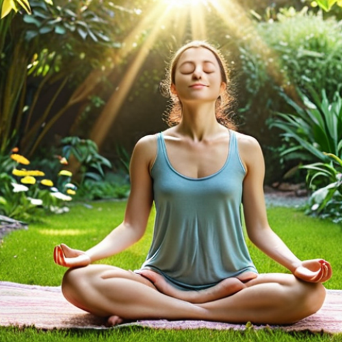 **A serene woman meditating in a peaceful garden.** She is sitting in a comfortable position, eyes closed, with a gentle smile. Sunlight filters through the trees, creating a calming atmosphere. The garden is filled with lush greenery and colorful flowers, evoking a sense of tranquility and inner peace.