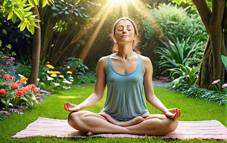 **A serene woman meditating in a peaceful garden.** She is sitting in a comfortable position, eyes closed, with a gentle smile. Sunlight filters through the trees, creating a calming atmosphere. The garden is filled with lush greenery and colorful flowers, evoking a sense of tranquility and inner peace.