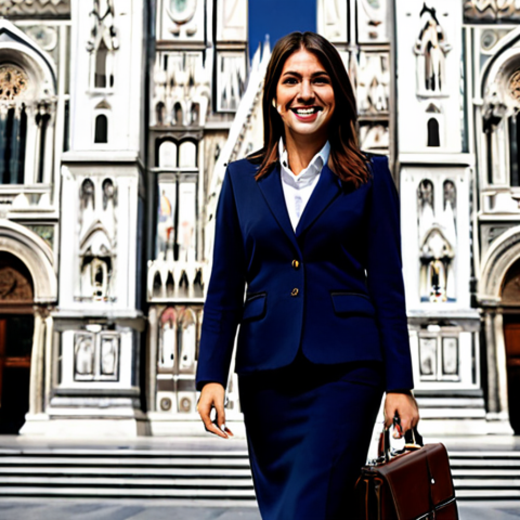 **
"A confident Italian businesswoman, fully clothed in a stylish, modest business suit, standing in front of the Duomo in Milan, professional attire, safe for work, perfect anatomy, natural proportions, professional photography, high quality, family-friendly. She is holding a leather briefcase and smiling warmly."
**