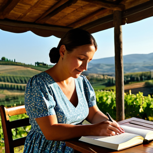 "Gratitude Journal in Tuscany"**

A woman with perfect anatomy and correct proportions, fully clothed in a modest floral dress, sits at a rustic wooden table on a sun-drenched terrace overlooking the rolling hills of Tuscany, Italy. She is writing in a leather-bound journal. Vineyards stretch into the distance. The scene is bathed in warm, golden light. Safe for work. Appropriate content. Professional photography. High quality. Natural pose. Well-formed hands, proper finger count. Focus on serenity and contentment.

**