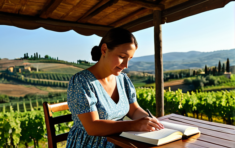 "Gratitude Journal in Tuscany"**
A woman with perfect anatomy and correct proportions, fully clothed in a modest floral dress, sits at a rustic wooden table on a sun-drenched terrace overlooking the rolling hills of Tuscany, Italy. She is writing in a leather-bound journal. Vineyards stretch into the distance. The scene is bathed in warm, golden light. Safe for work. Appropriate content. Professional photography. High quality. Natural pose. Well-formed hands, proper finger count. Focus on serenity and contentment.
**