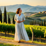 Mindful Woman in Tuscany**

"A woman in her 30s, fully clothed in a flowing linen dress, stands in a sun-drenched Tuscan vineyard at sunrise. She is practicing mindfulness, eyes closed, hands gently resting on her stomach, taking a deep breath. Rolling hills and cypress trees in the background. Golden hour light, serene atmosphere, safe for work, appropriate content, professional photography, perfect anatomy, natural pose, modest clothing."

**